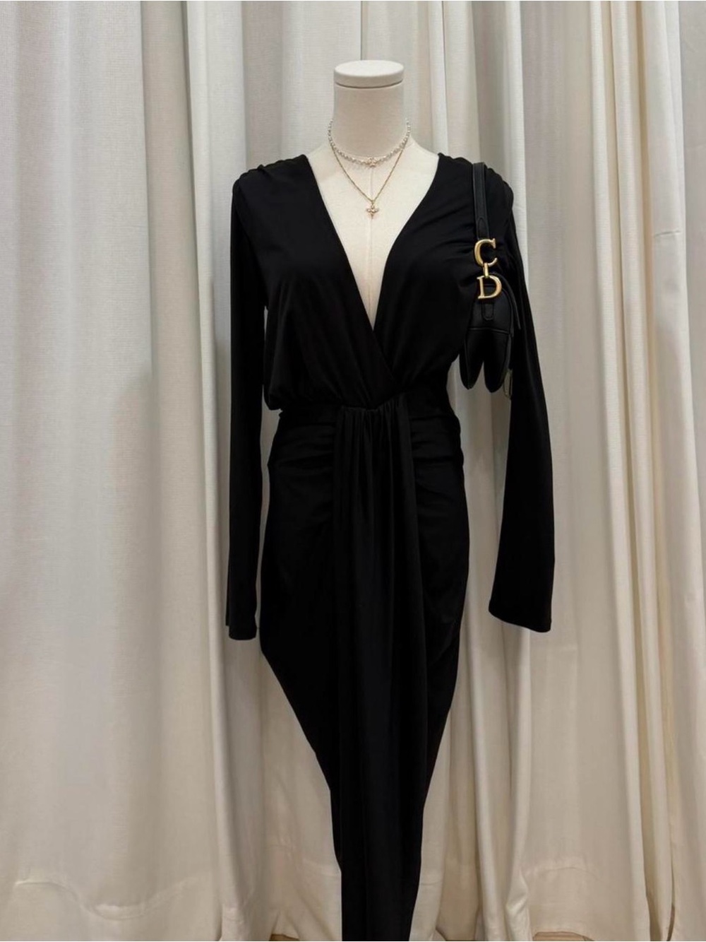 Miss Avenue Black Long-Sleeve V-Neck Draped Dress